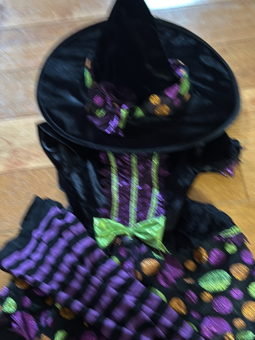 Kids Black Sparkling Witch Costume with Purple and Green Accents with tights